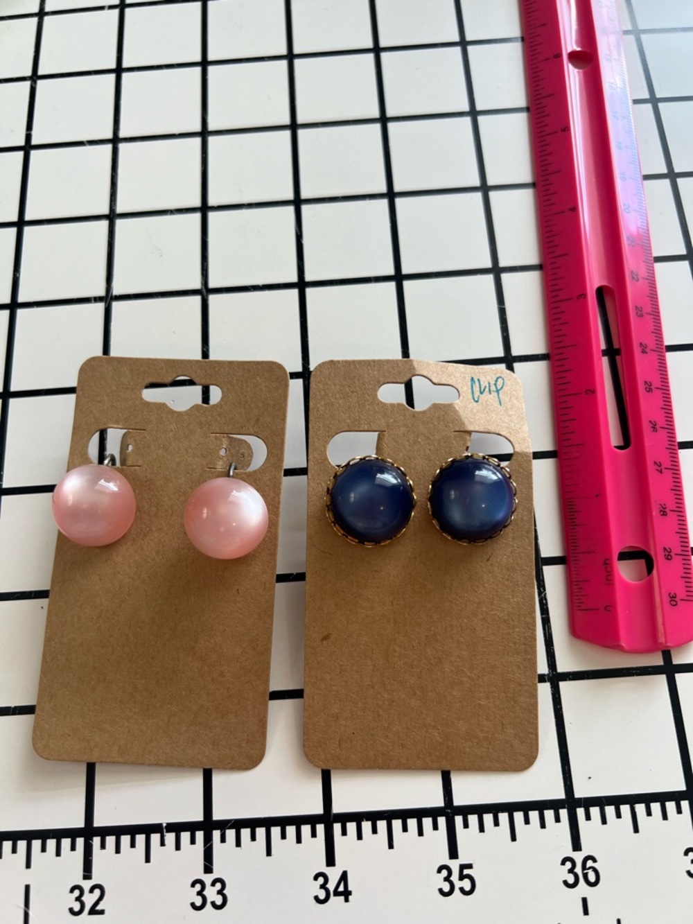 Pink Round Dome & Navy Vintage Clip On Earrings - Set of 2